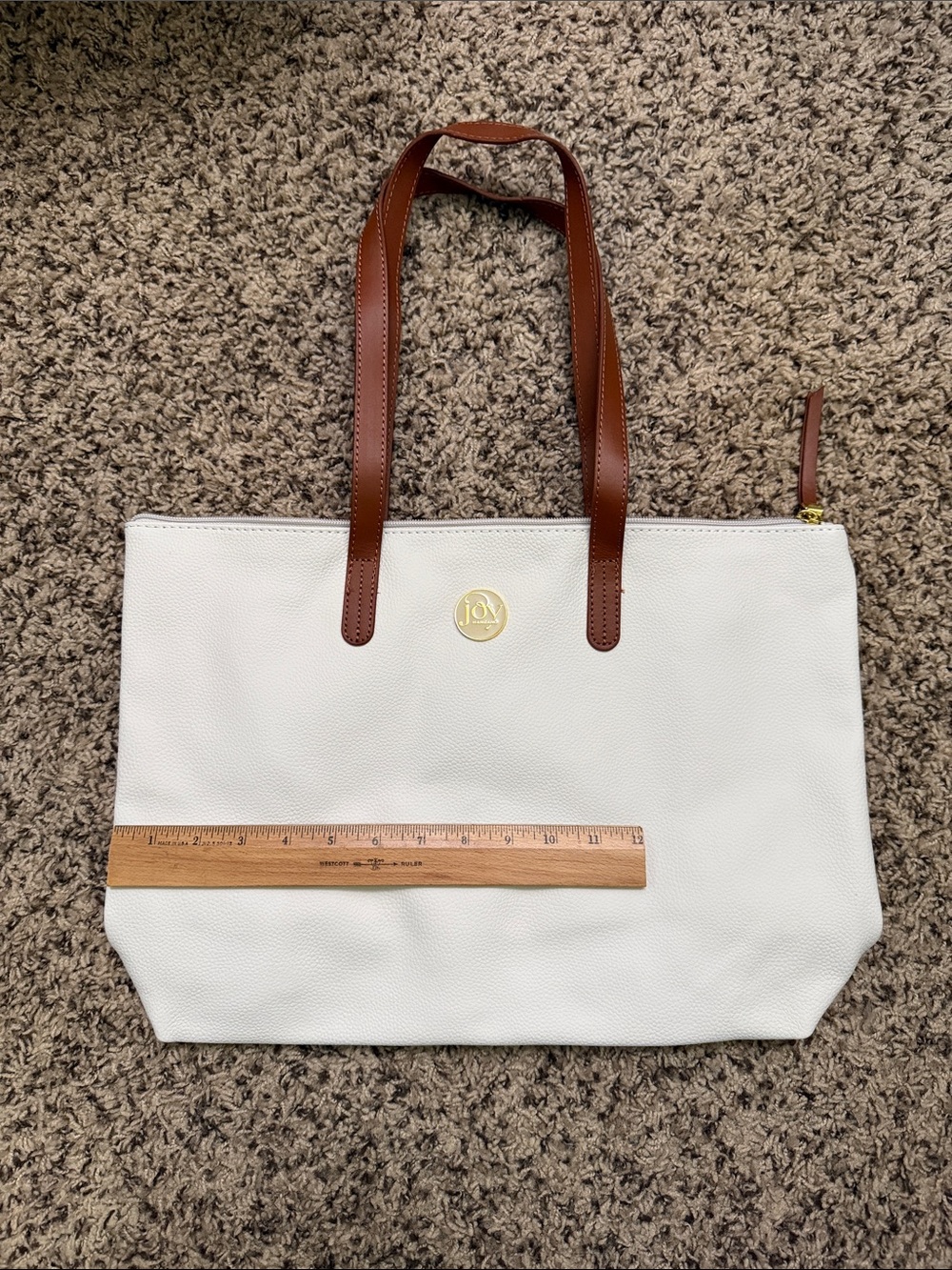 Joy Mangano White Tote with Brown Handles and Gold Logo